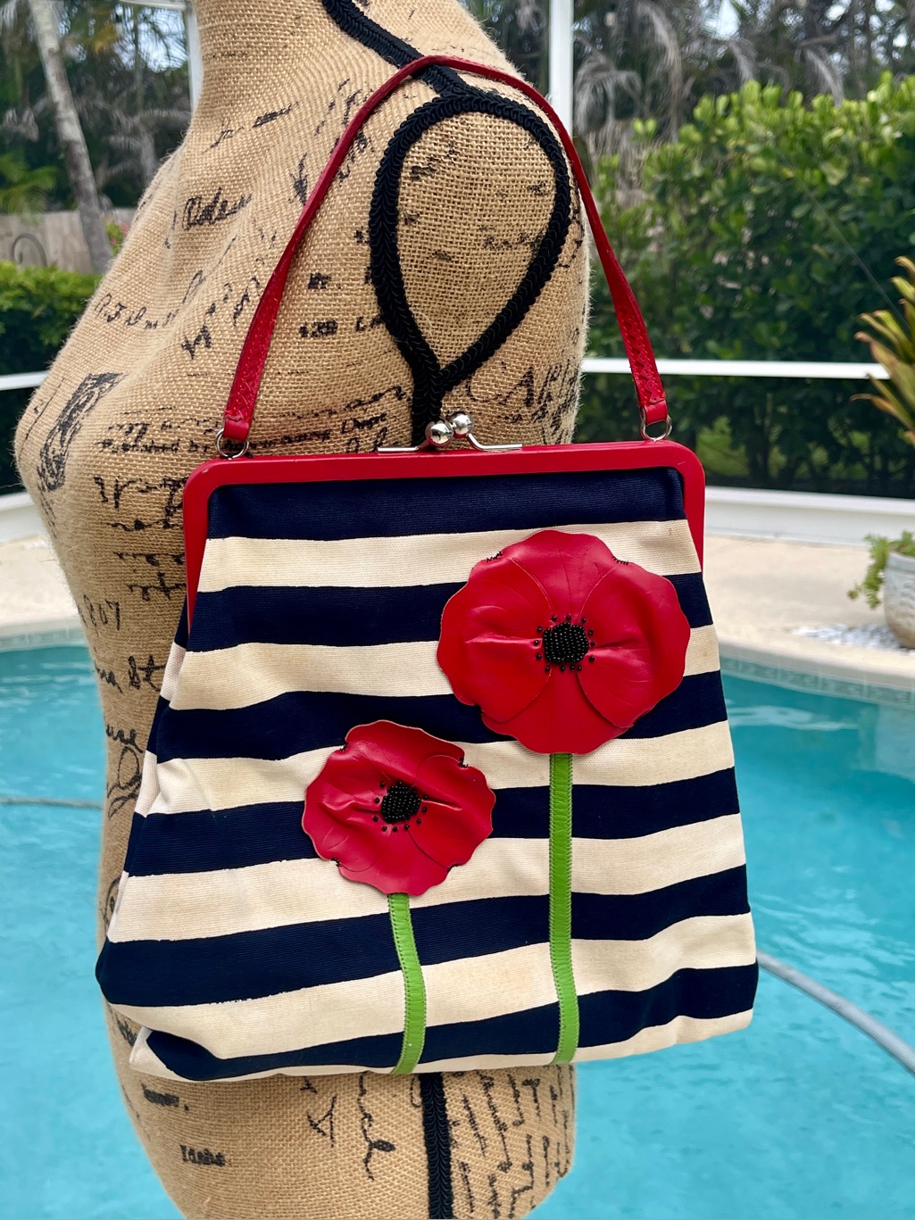 Moschino Canvas Black & Cream Striped Shoulder Bag With Red Poppy Appliqus